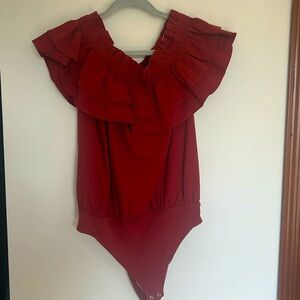 Express Size Medium burgundy off the shoulder ruffle bodysuit top